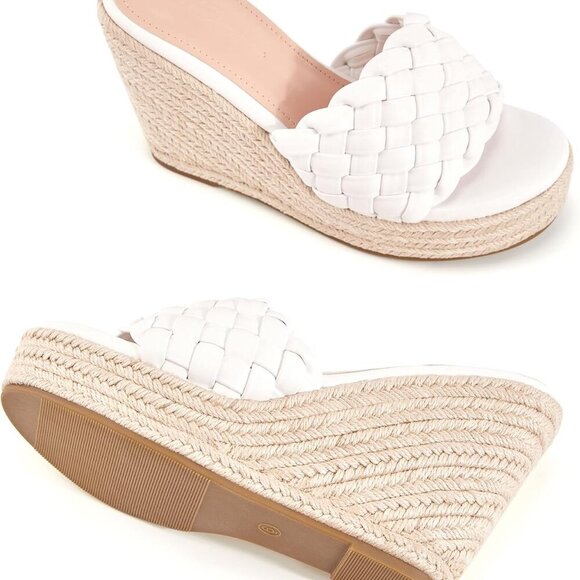 Womens Platform Wedge Espadrilles Faux Leather 8 Slip On Open Toe Summer - Picture 4 of 6